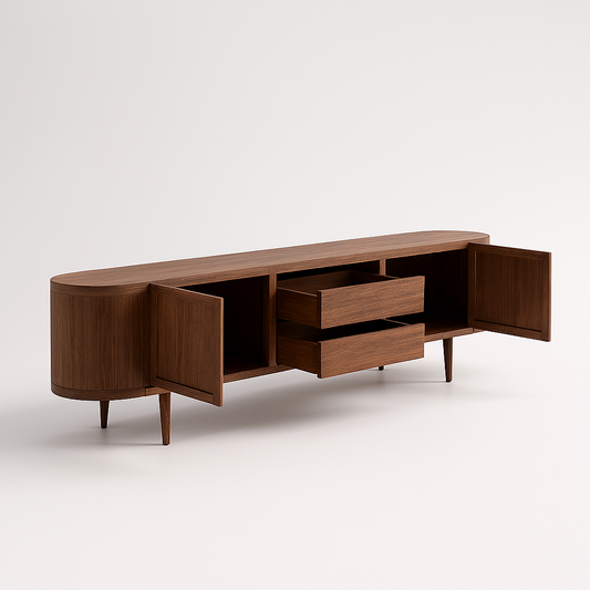 Ardovella Media Console in solid walnut wood with curved form and mid-century design – The Meem Store