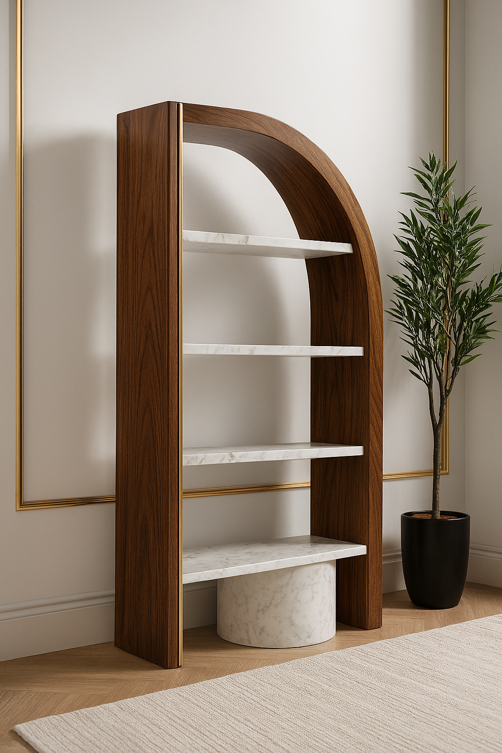 Italian modern arched walnut display shelf with marble shelves and brushed gold detailing