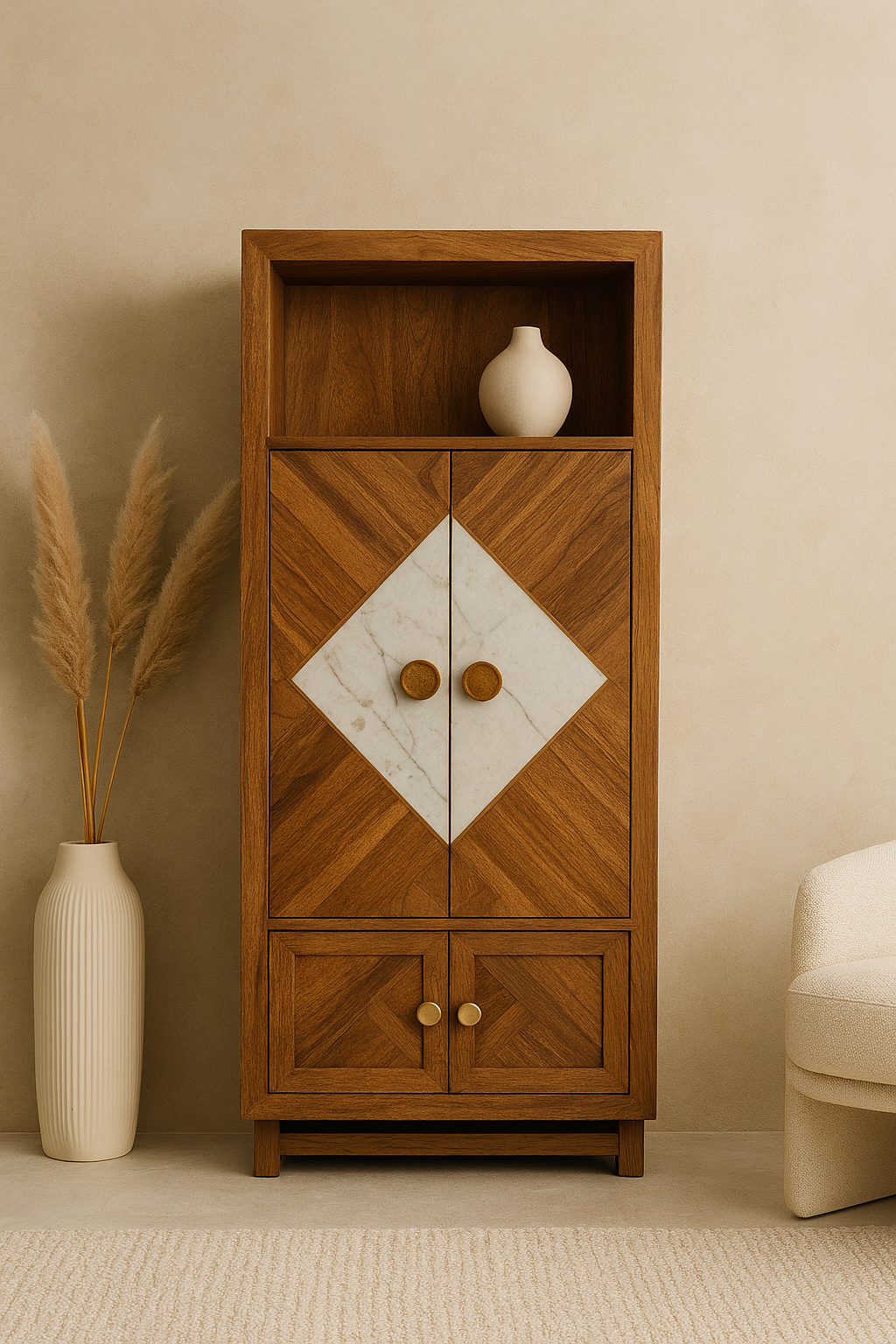 Walnut chevron cabinet with central marble inlay and brass knobs in luxury modern style