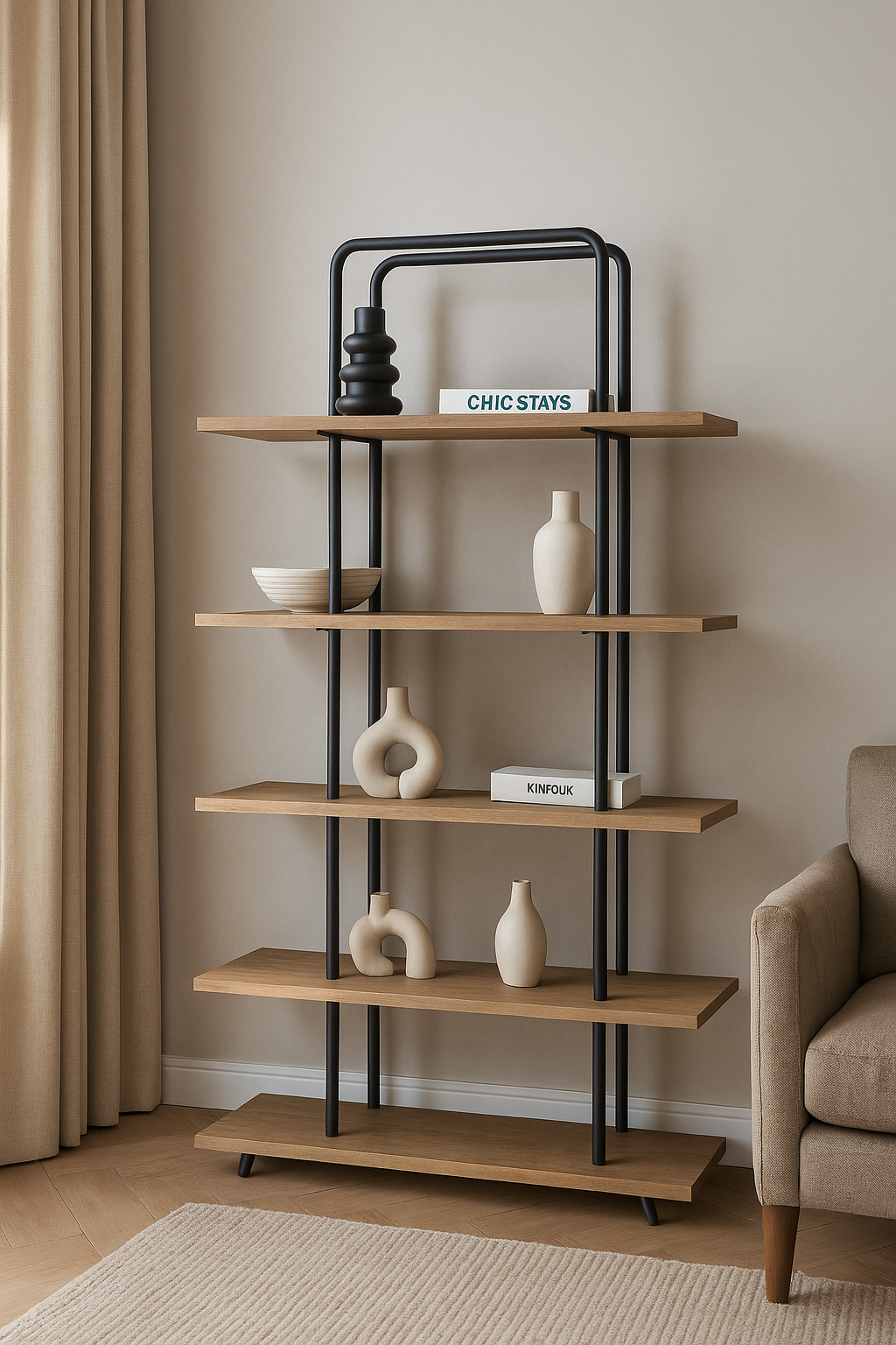 Armondi Axis Display Shelf with oak shelves and matte black steel frame – The Meem Store