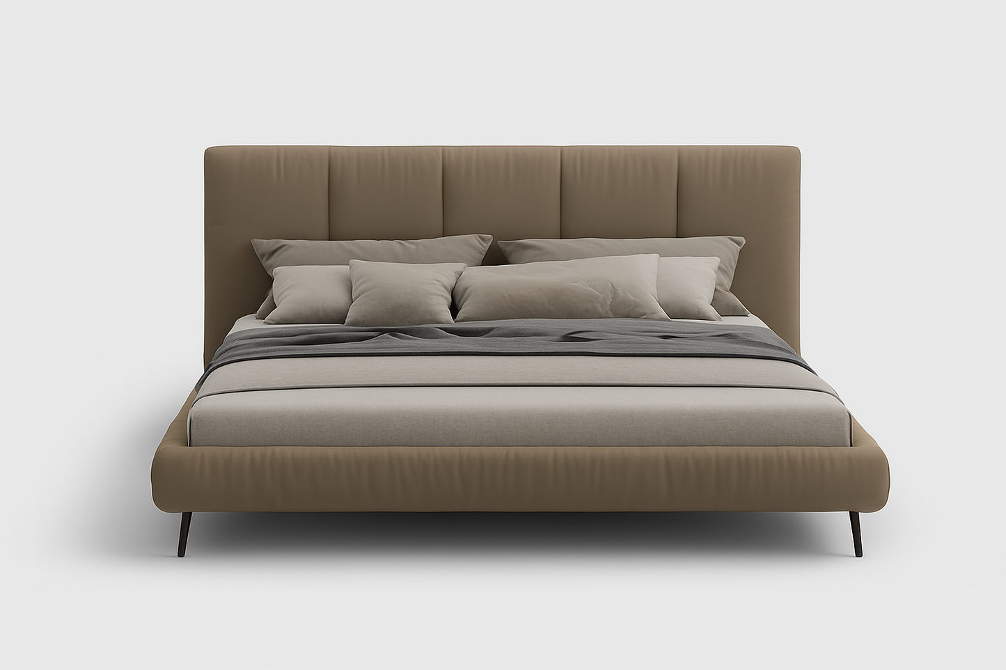 Atlas king bed in mocha fabric with panelled headboard and black metal legs, 195 × 200 cm – The Meem Store