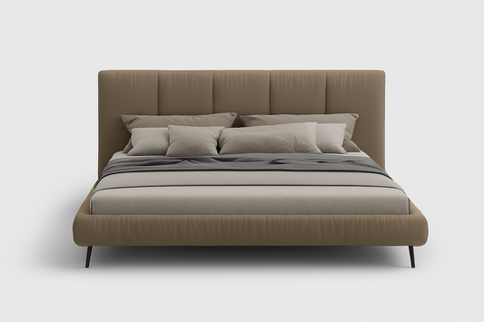 Atlas king bed in mocha fabric with panelled headboard and black metal legs, 195 × 200 cm – The Meem Store