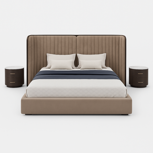 Aurelio Super King Bed in taupe fabric with espresso nightstands – The Meem Store