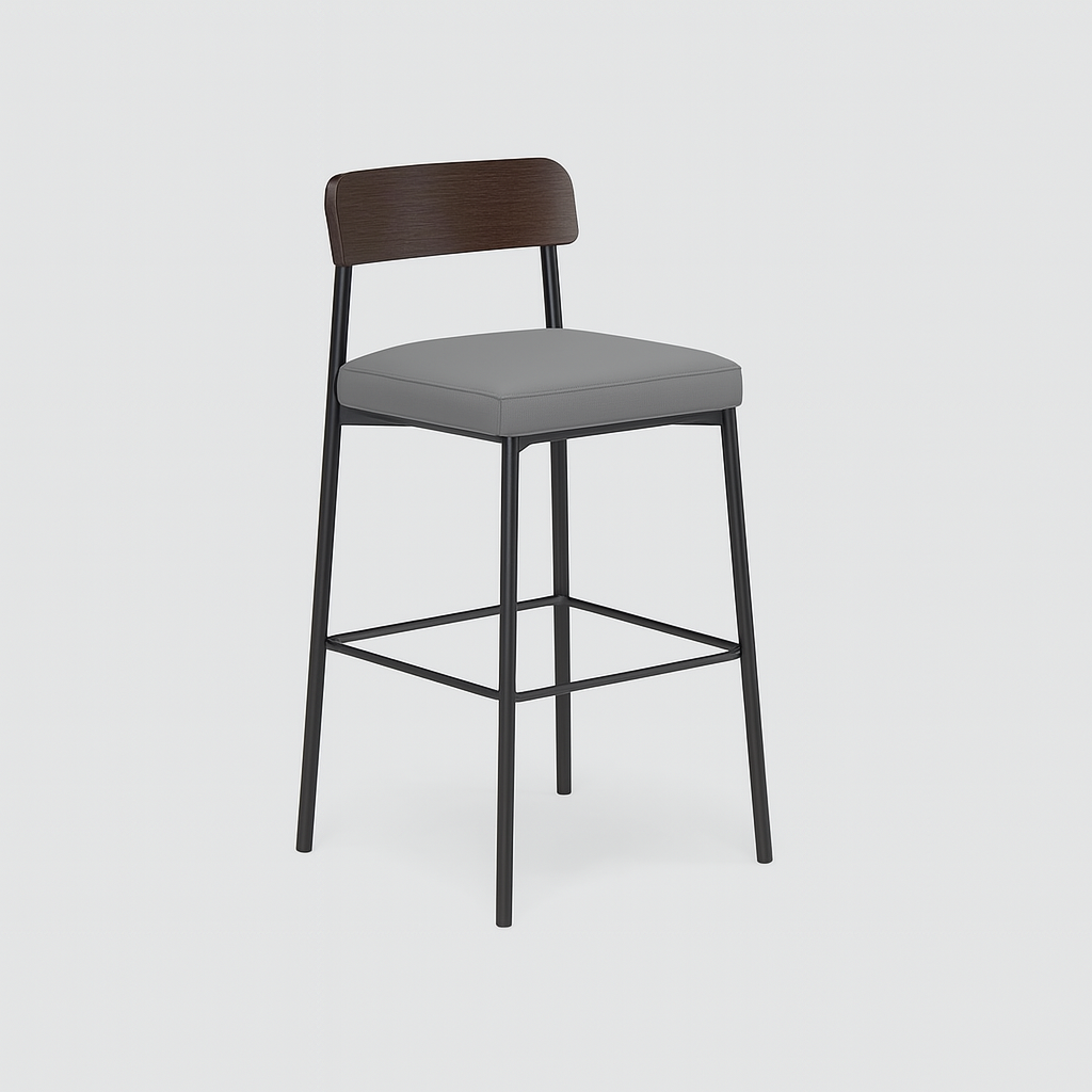 Auren Bar Stool with grey leather seat and walnut backrest on black metal frame – The Meem Store