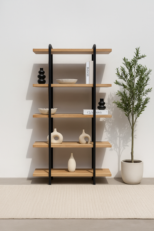 Italian modern oak and black metal display shelf with minimalist open structure and sculptural balance