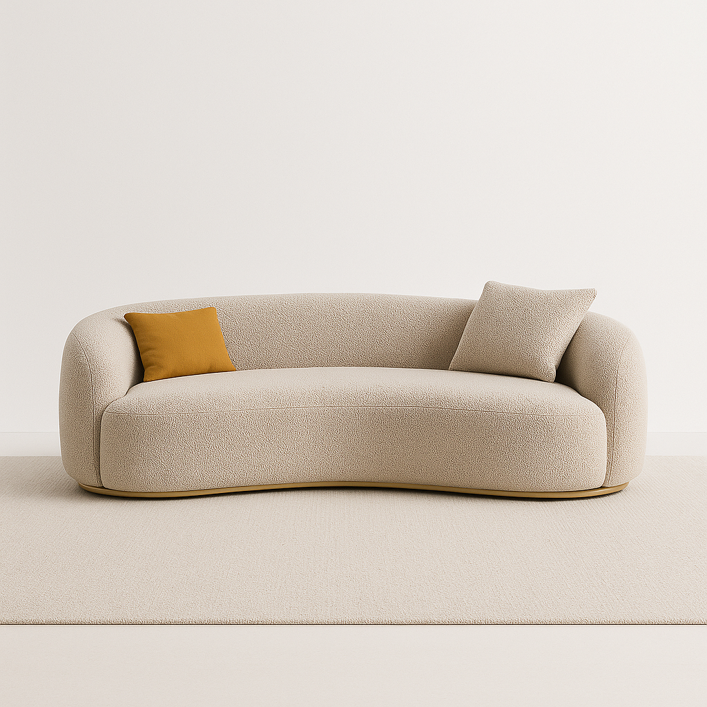 Aveline 3-seater sofa in beige boucle with wooden brass-finish base – The Meem Store