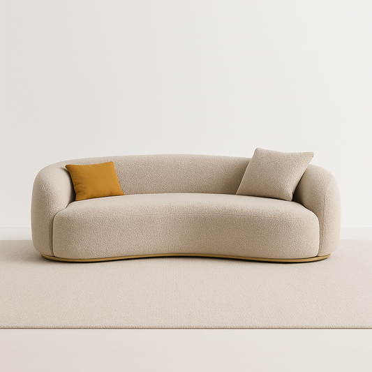 Aveline 3-seater sofa in beige boucle with wooden brass-finish base – The Meem Store
