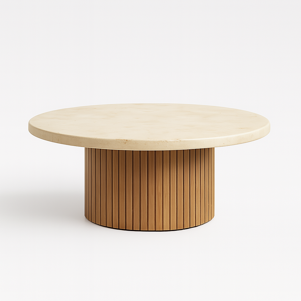 Avenza Coffee Table with travertine marble top and fluted oak base – The Meem Store