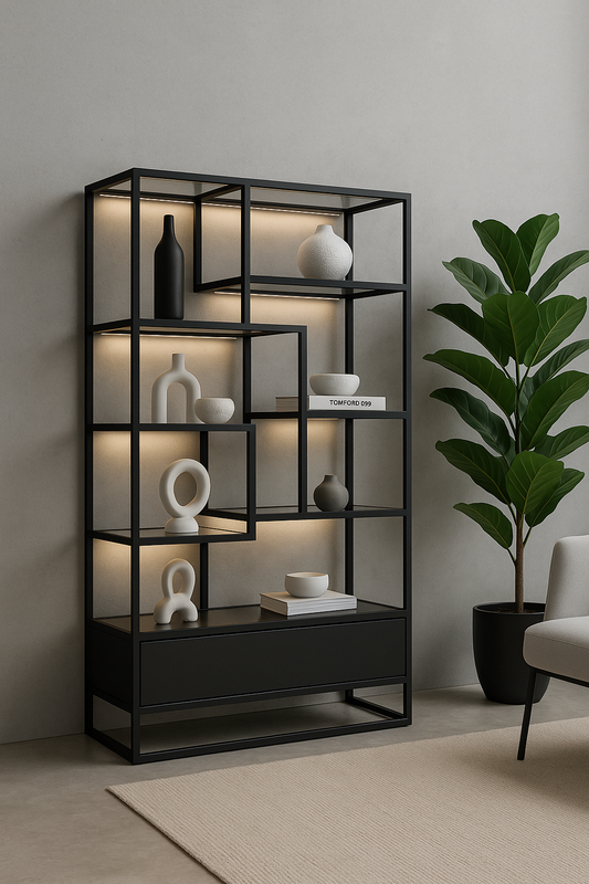 Luxury matte black steel display tower with asymmetric black glass shelves and warm LED lighting