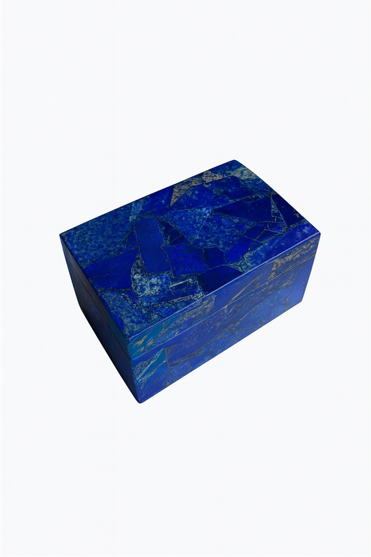 Open Lapis Lazuli casket showcasing deep blue and gold-flecked stone patterns – The Meem Store