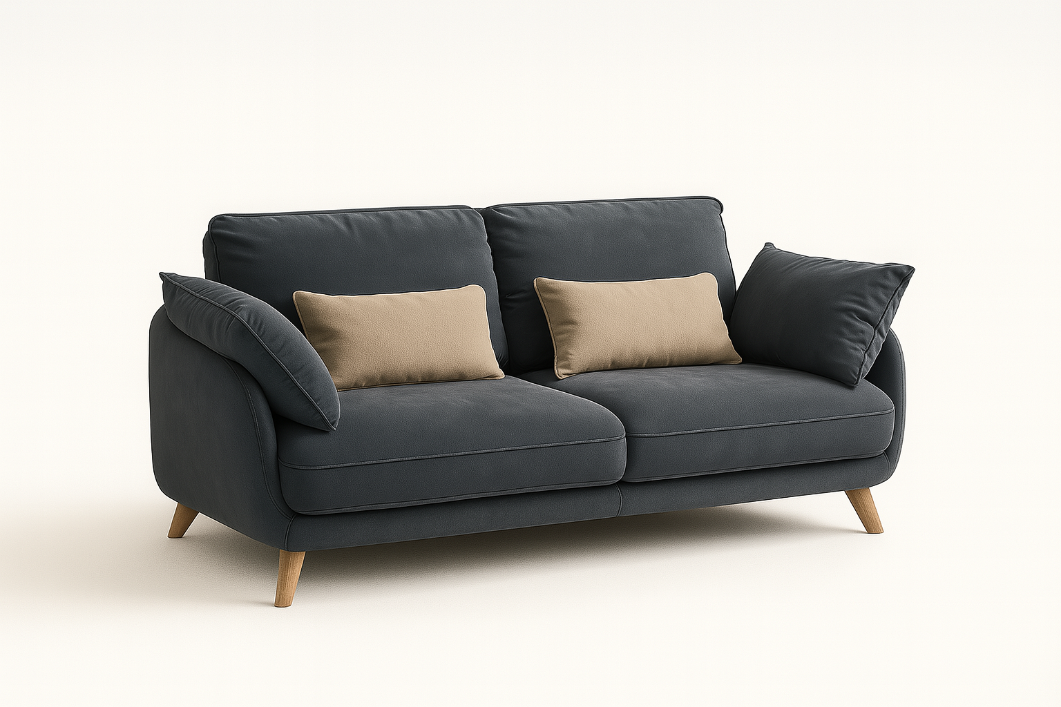 Bellaro 2-seater sofa in dark charcoal with beige pillows – The Meem Store