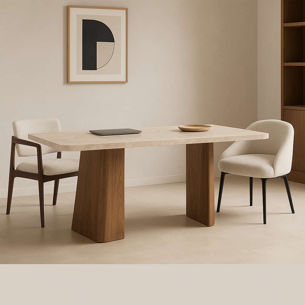 Caelora Dining Table with honed travertine marble top and dual sculpted walnut bases – The Meem Store