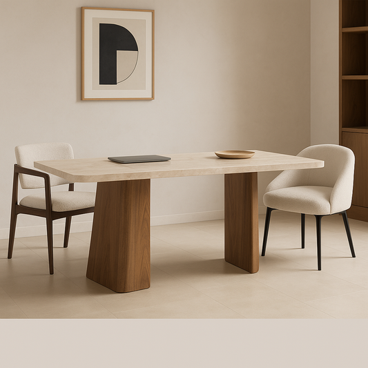 Caelora Dining Table with honed travertine marble top and dual sculpted walnut bases – The Meem Store