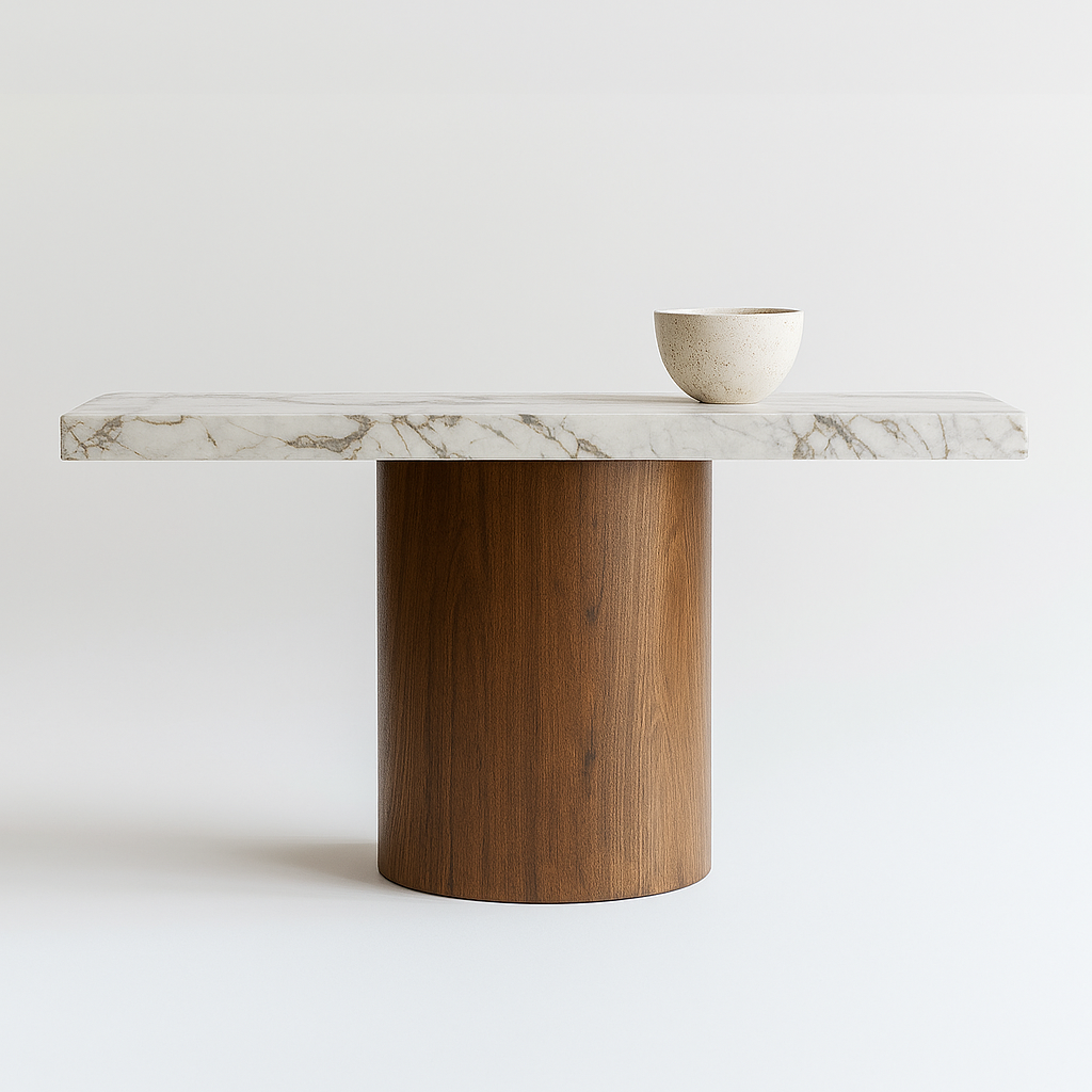 Caldena Console Table with Calacatta marble top and cylindrical walnut base – The Meem Store