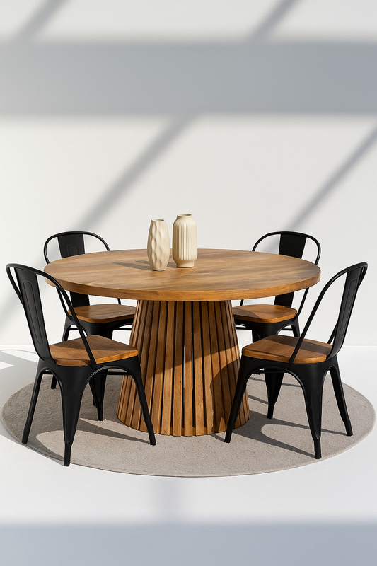 Caldrin Dining Table crafted in solid wood with fluted pedestal base and natural matte finish – The Meem Store