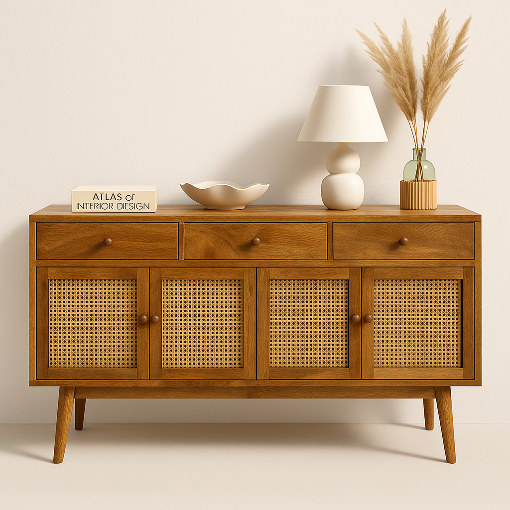 Carvella Console Table in teak wood finish with handwoven cane doors and drawers – The Meem Store
