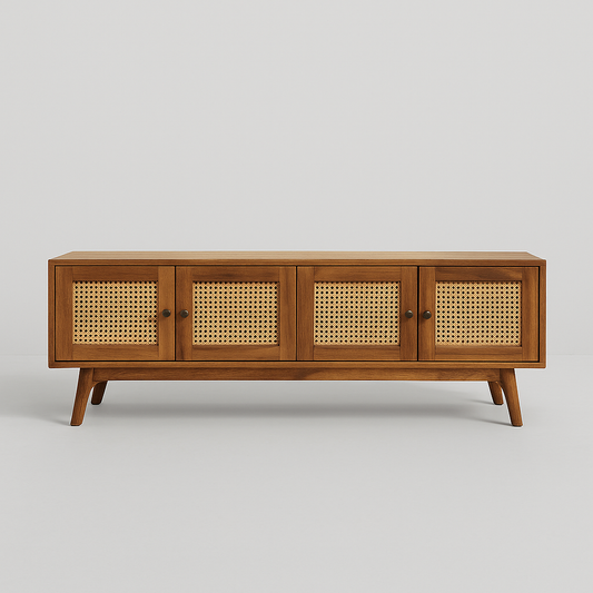 Cavallo Cane Media Console with walnut veneer frame and woven rattan doors – The Meem Store