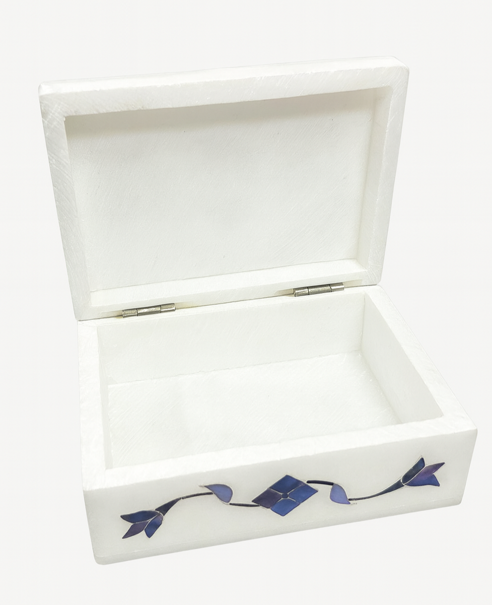 Handcrafted Makrana marble jewellery box with blue floral gemstone inlay – The Meem Store