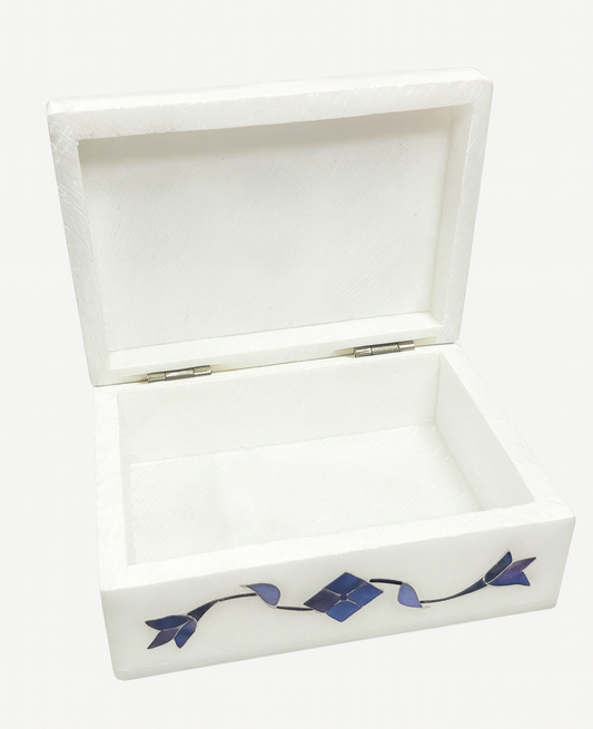 Handcrafted Makrana marble jewellery box with blue floral gemstone inlay – The Meem Store