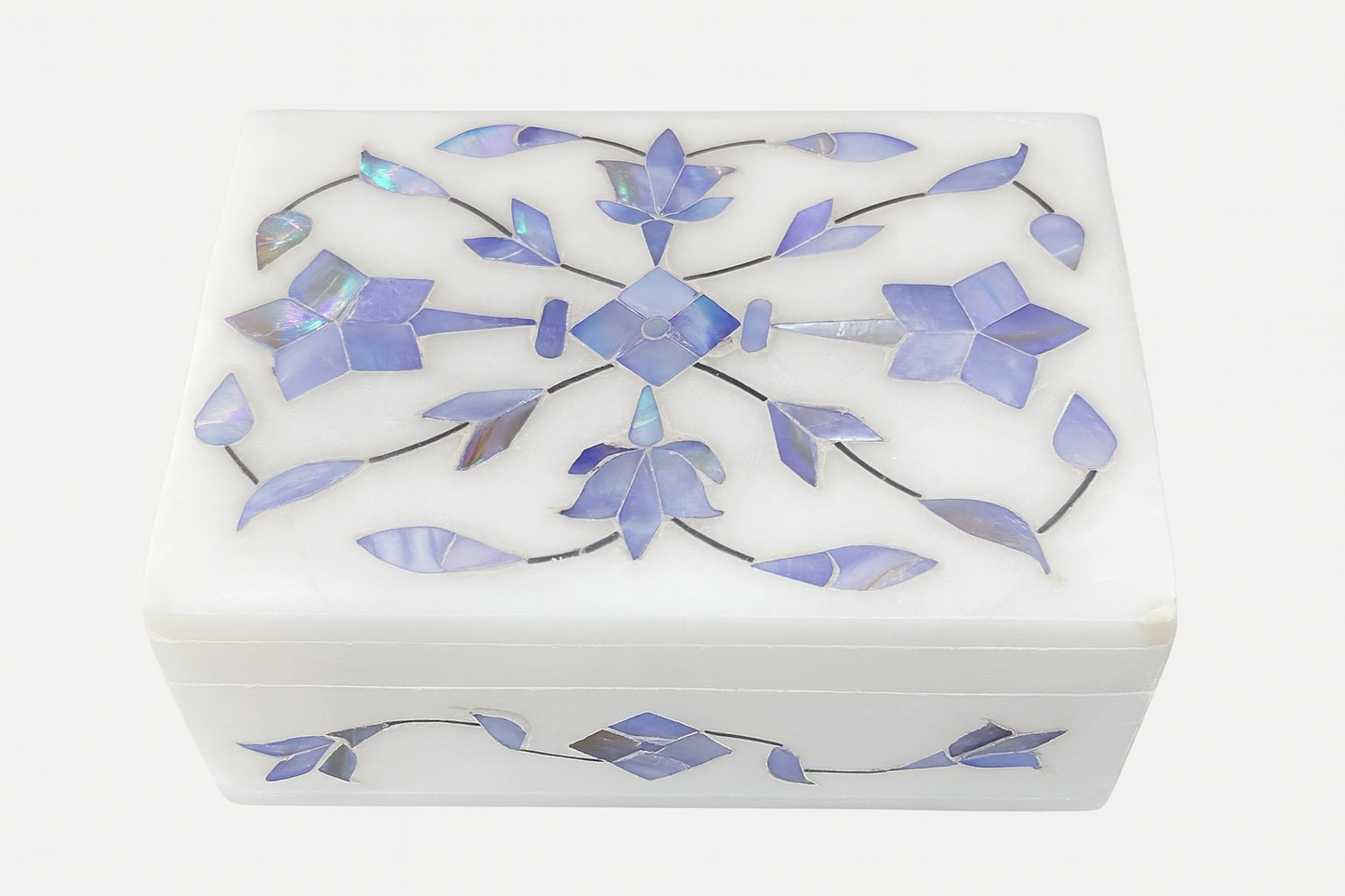 Handcrafted Makrana marble jewellery box with blue floral gemstone inlay – The Meem Store