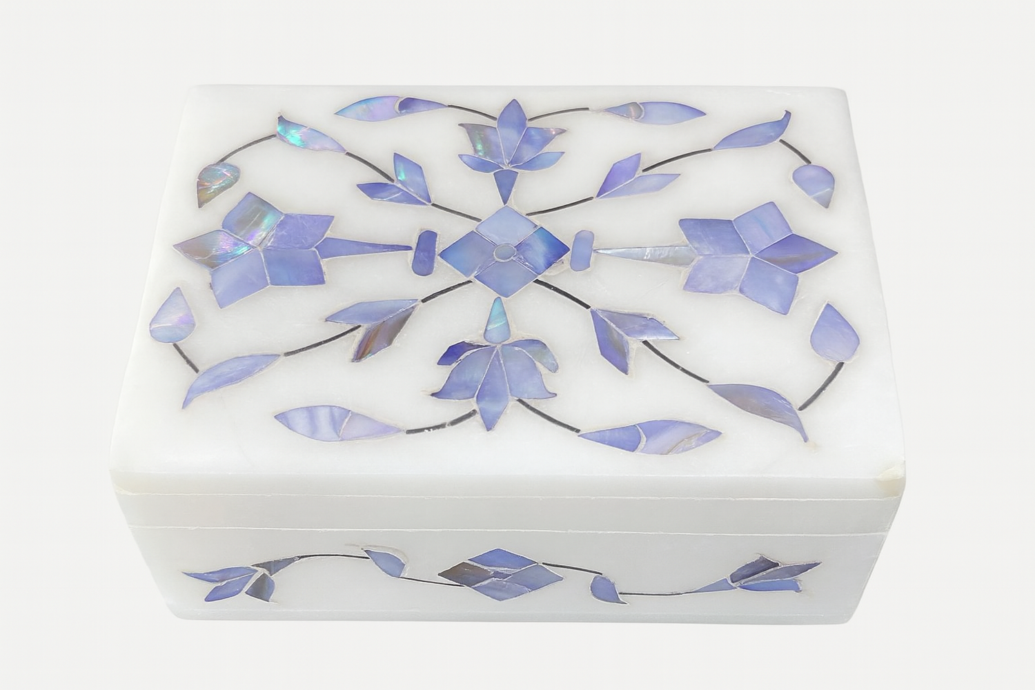 Handcrafted Makrana marble jewellery box with blue floral gemstone inlay – The Meem Store