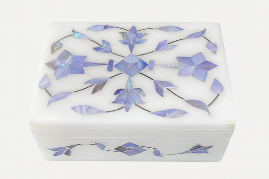 Handcrafted Makrana marble jewellery box with blue floral gemstone inlay – The Meem Store