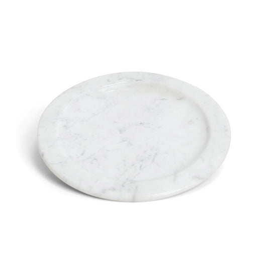 Round white marble plate with soft veining, inspired by Italian minimalist design – The Meem Store