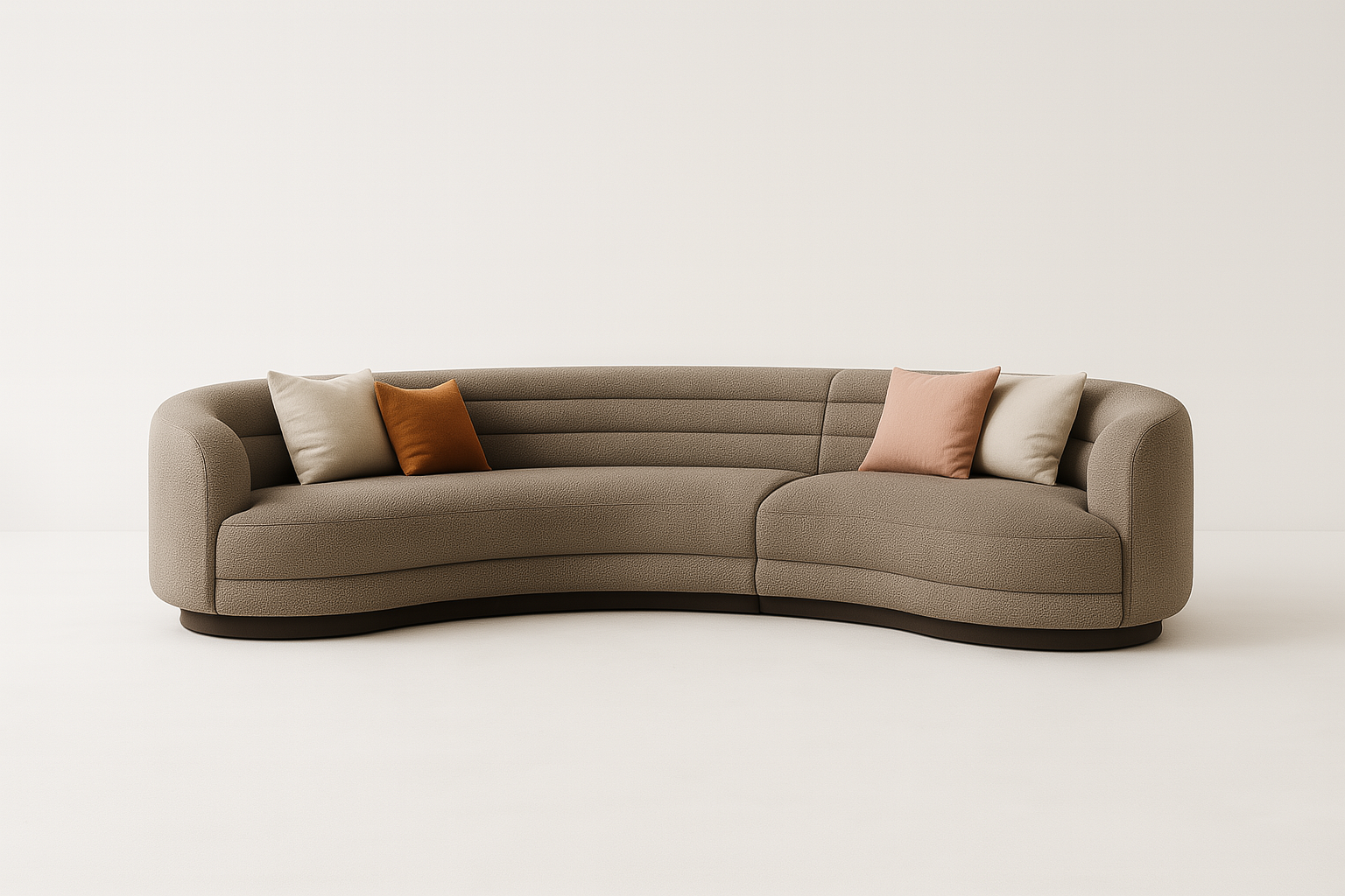 Corvella sectional sofa in taupe boucle with espresso base and warm accent pillows – The Meem Store