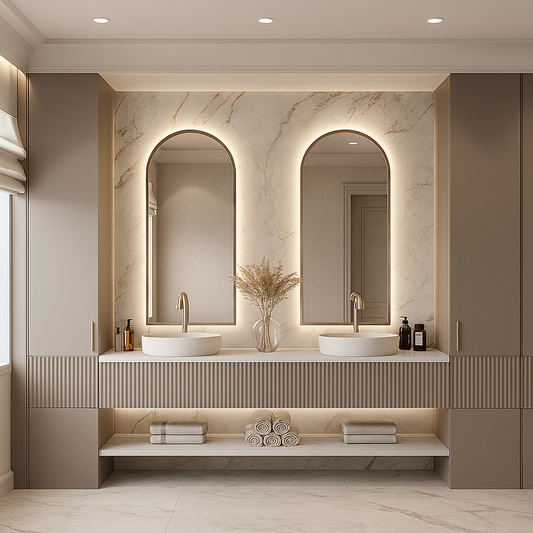 Double top-mount vanity with arched LED mirrors, fluted front panel, and marble backdrop in modern luxury design.