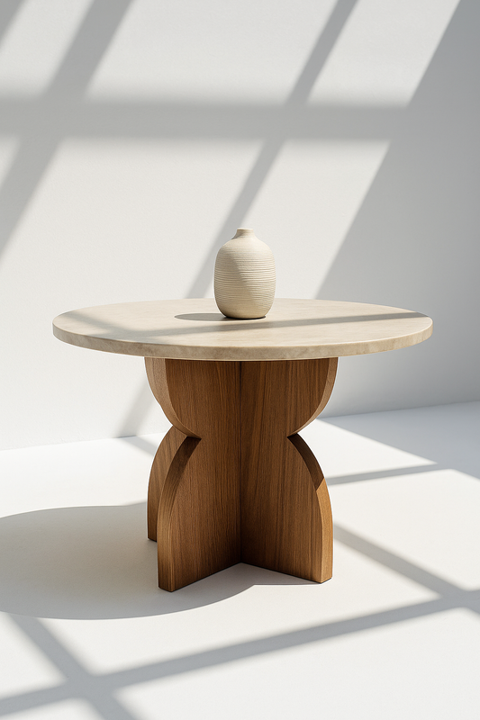 Elaris Dining Table with beige marble top and sculpted oak base – The Meem Store