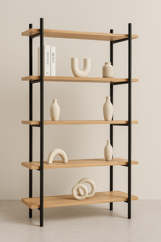 talian modern oak and black metal display shelf with open structure and minimalist design