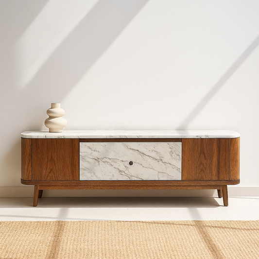 Fiorenzo Marble Media Console in walnut veneer with white marble top and porcelain drawer – The Meem Store