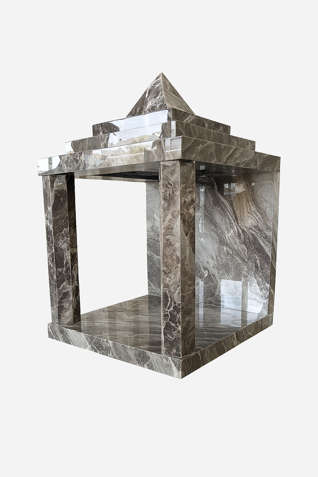 Side-angle view of designer porcelain mandir with architectural pillars – The Meem Store