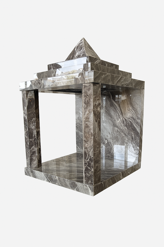 Side-angle view of designer porcelain mandir with architectural pillars – The Meem Store