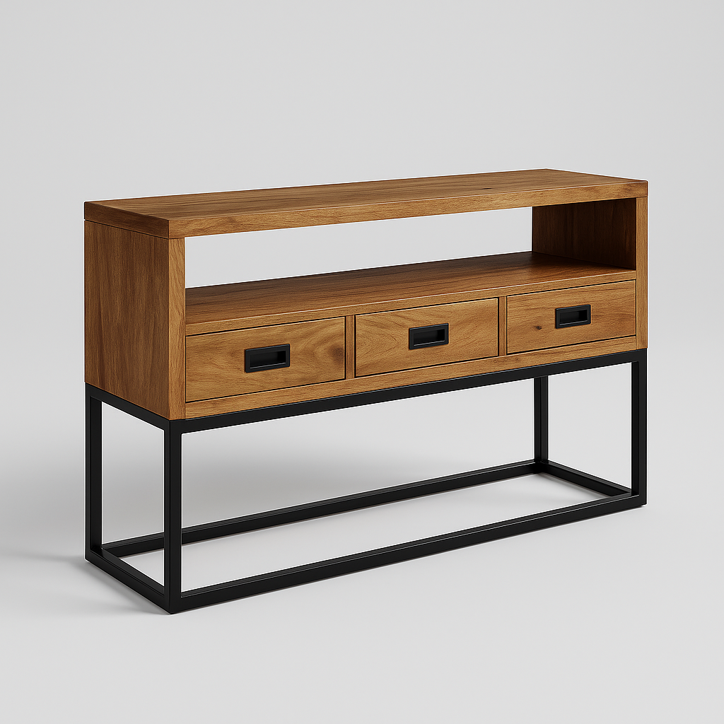Kaelen Console Table in walnut wood finish with black metal frame and three drawers – The Meem Store