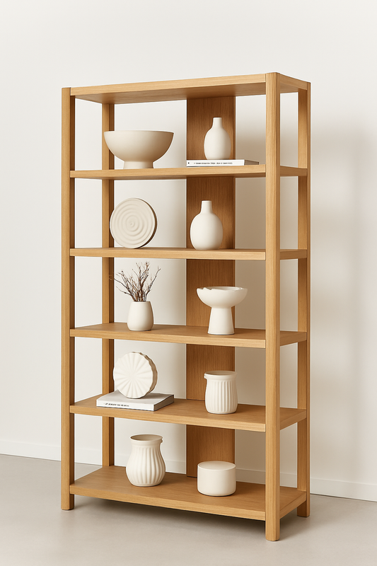 Italian modern natural oak display shelf with structured minimal frame and open shelving