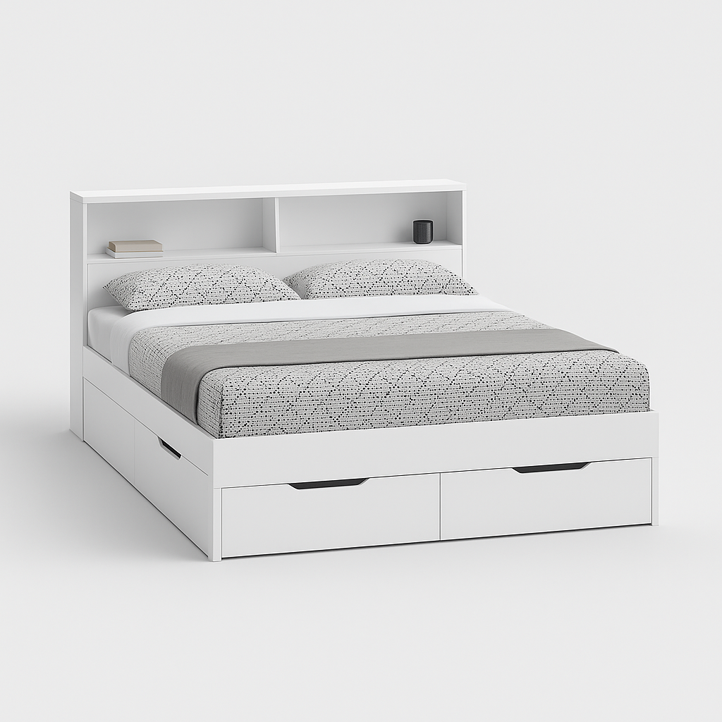 Luca queen bed in white finish with storage drawers and open-shelf headboard, 160 × 190 cm – The Meem Store