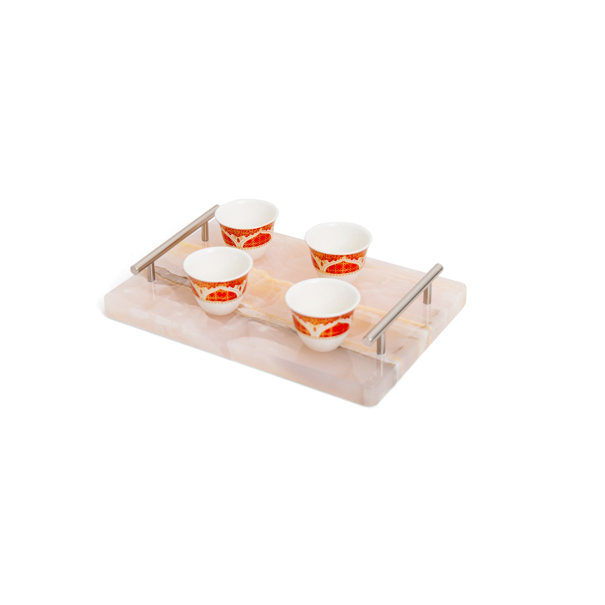 Blush onyx serving tray with stainless steel handles in luxury Italian-inspired design – The Meem Store
