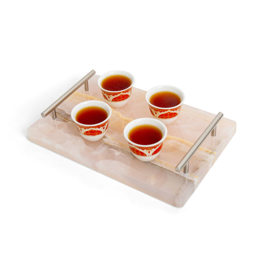 Blush onyx marble serving tray with stainless steel handles in luxury Italian-inspired design – The Meem Store 
