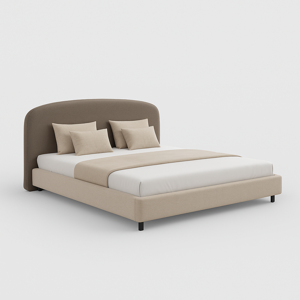 Luna king bed in beige fabric with arched headboard and matte black legs, 195 × 200 cm – The Meem Store