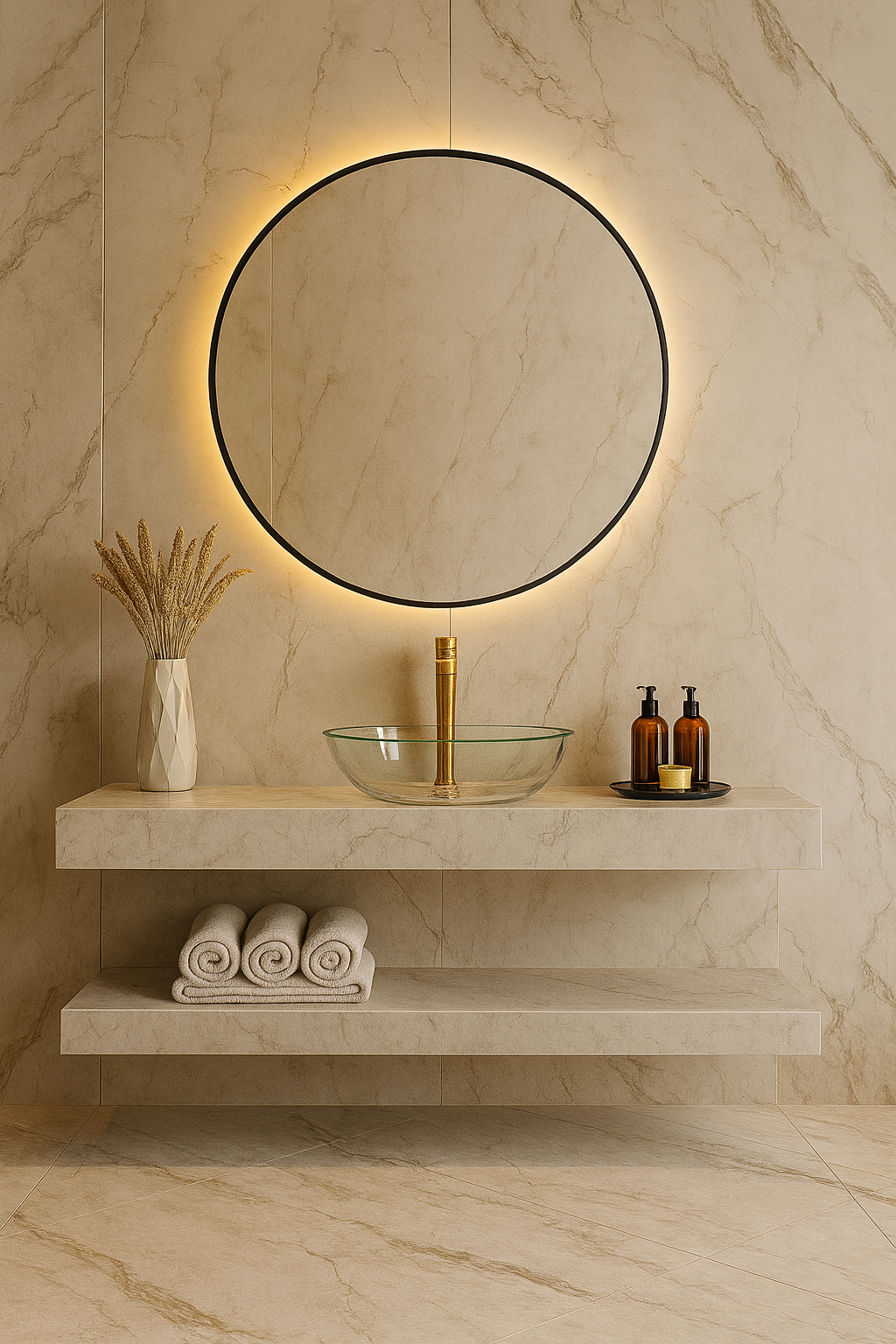 Floating stone vanity with clear glass basin, gold faucet, and halo-lit round mirror in modern beige marble bathroom.