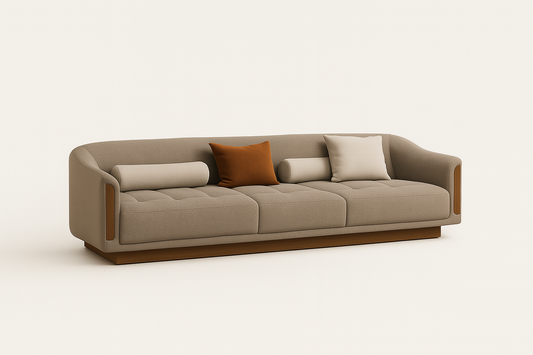 Lunaro 4-seater sofa in taupe fabric with walnut wood base and accent cushions – The Meem Store