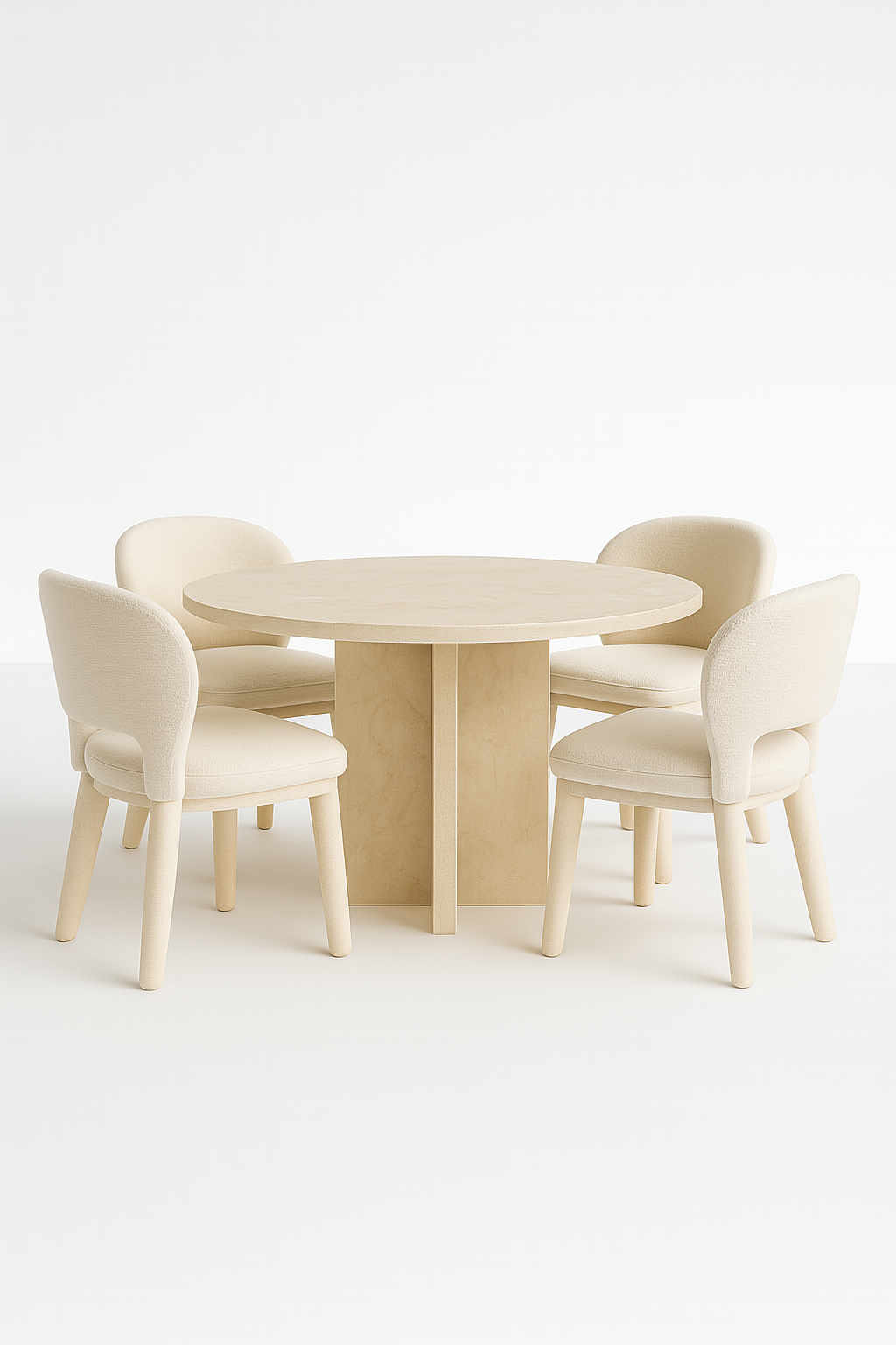 Lunava Dining Table in full beige travertine marble with sculptural rounded base – The Meem Store