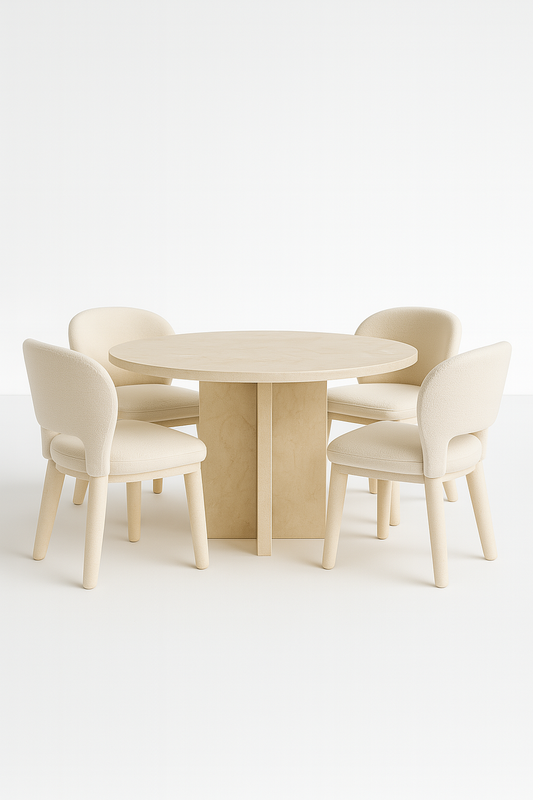 Lunava Dining Table in full beige travertine marble with sculptural rounded base – The Meem Store