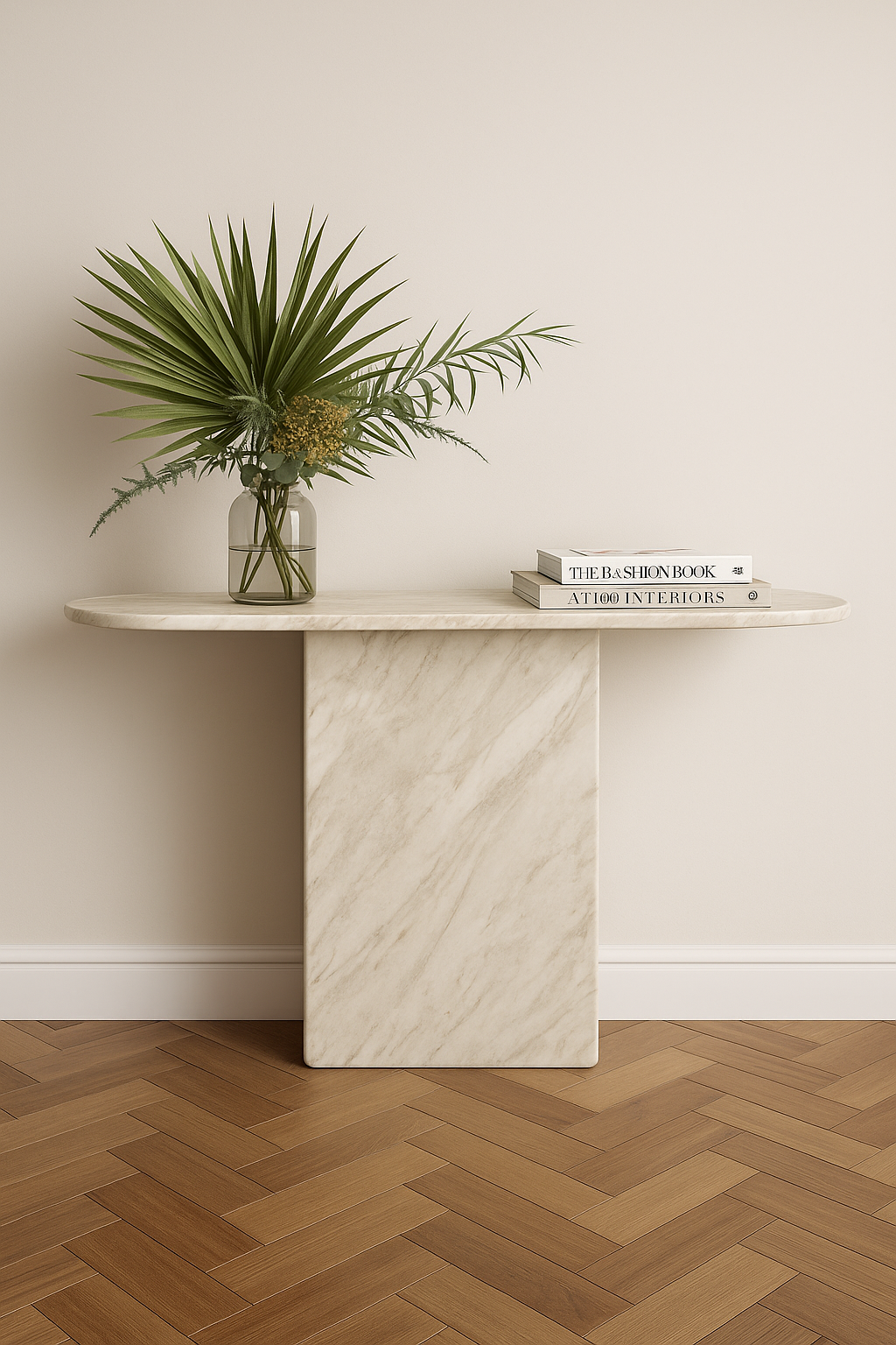 Lunvérra Console Table crafted entirely in natural marble with curved top and rectangular pedestal base – The Meem Store