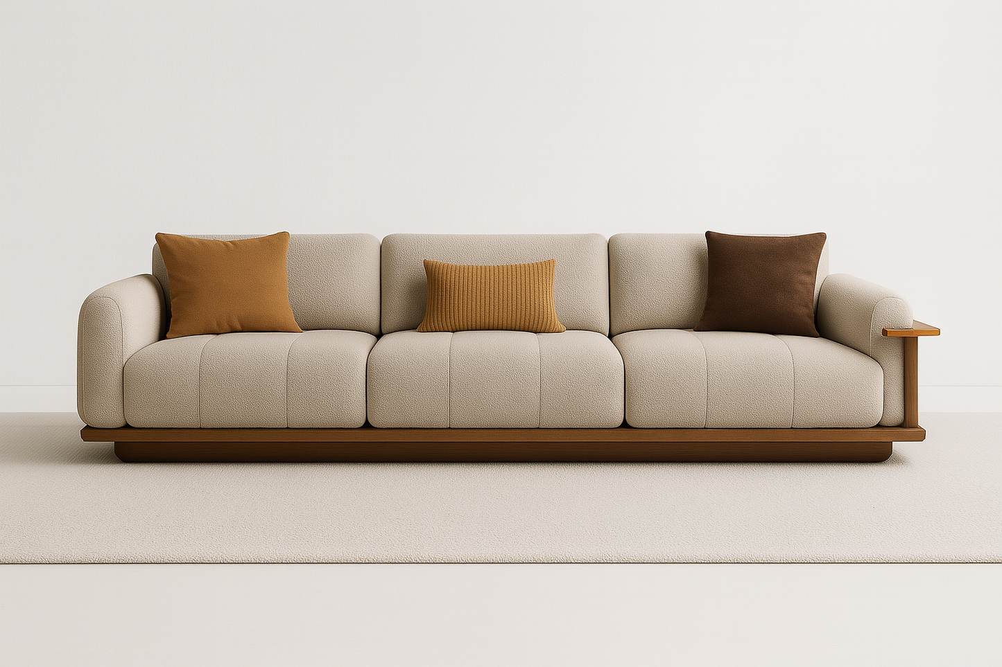 Marbella 4-seater sofa in beige boucle with walnut wood base and arm tray – The Meem Store