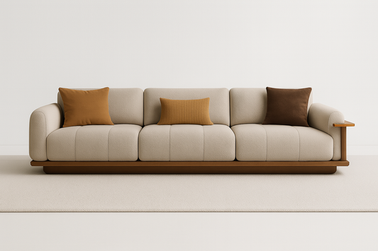 Marbella 4-seater sofa in beige boucle with walnut wood base and arm tray – The Meem Store