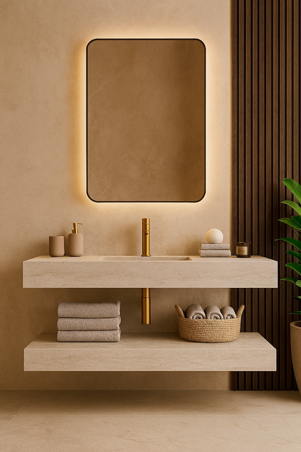 Under-mount marble vanity with walnut drawers, halo-lit round mirror, and warm illuminated shelving in a modern luxury bathroom.