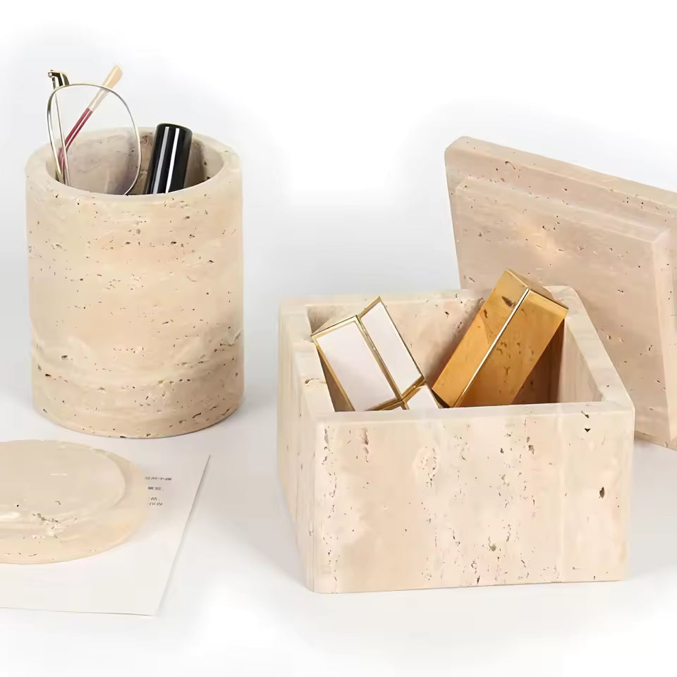 Elegant marble travertine box with matching pen stand — premium desk and décor accessories by The Meem Store Dubai.