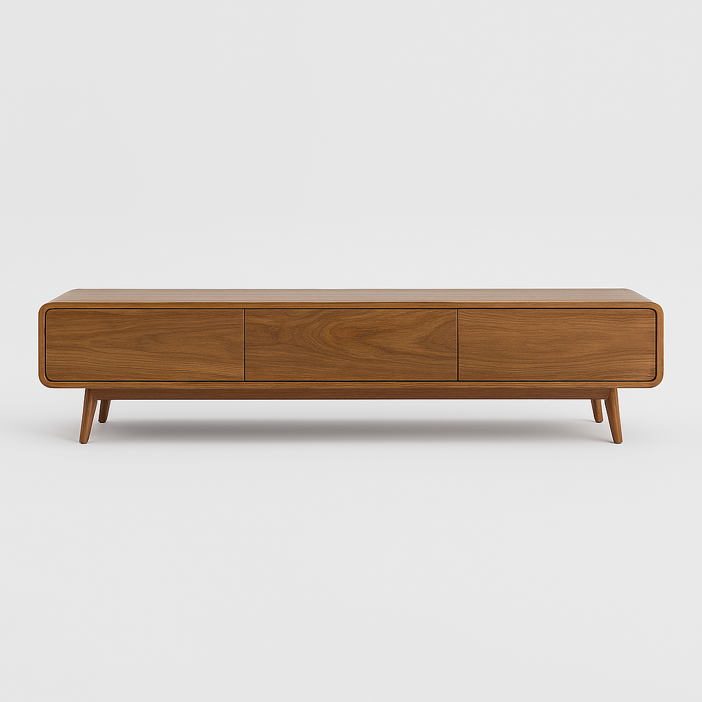 Marvello Walnut Media Console with rounded edges and modern tapered legs – The Meem Store